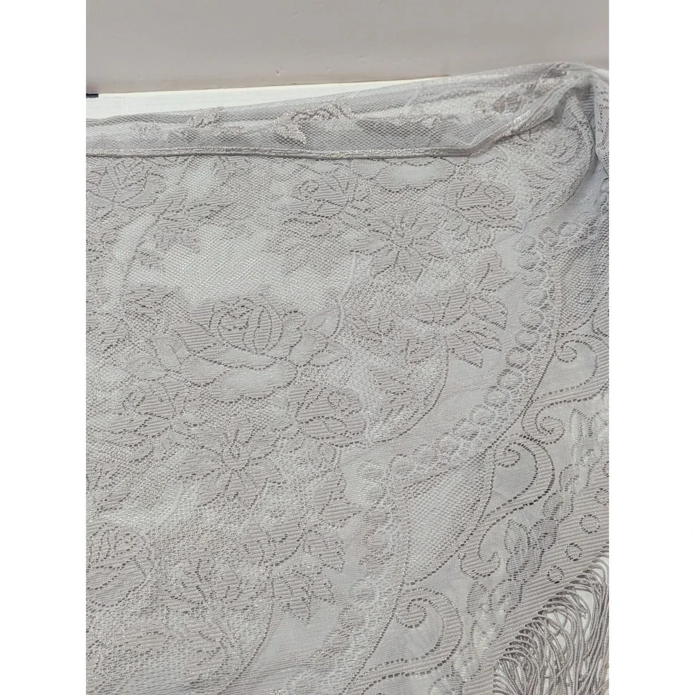 Silver Grey Floral Lace Shawl Fringe Wrap Victorian Rose Evening Scarf 62x31